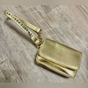 Versace Parfums Gold Leather Wristlet Micro Bag With Strap Magnetic Clasp.